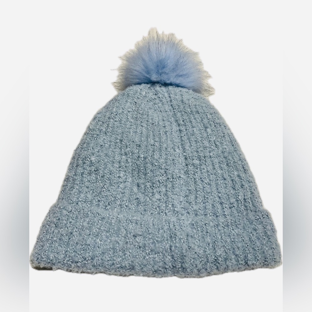La Express Sky Blue Knit Hat with Fluffy Pom Pom